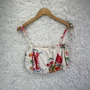 Sweethearts Crop Top Size M White Lobster Fruit Print Rayon Linen Tie Strap Boho